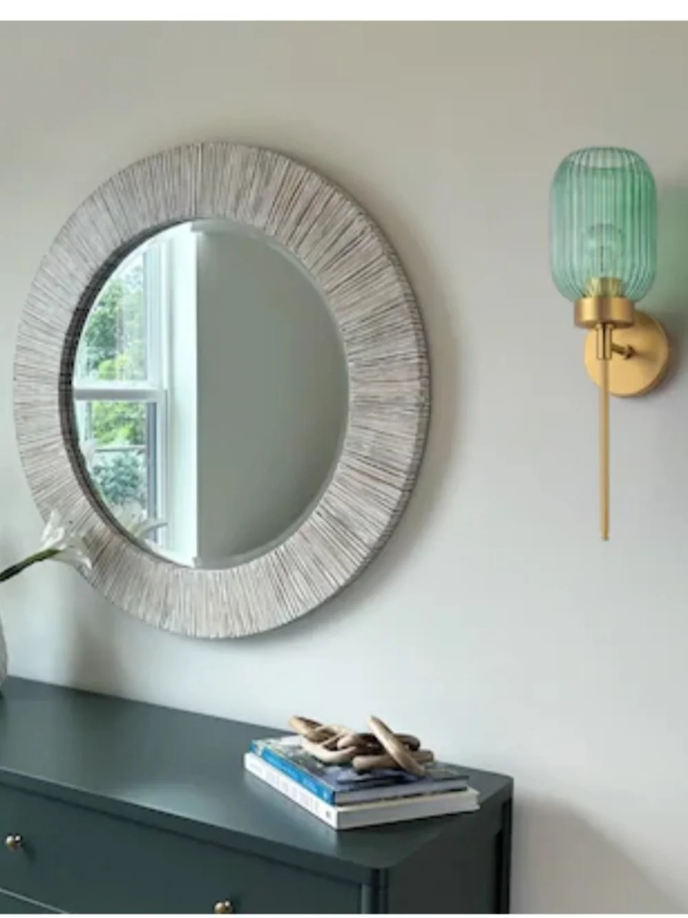 Brass Wall Lantern with Green Ribbed Glass Shade