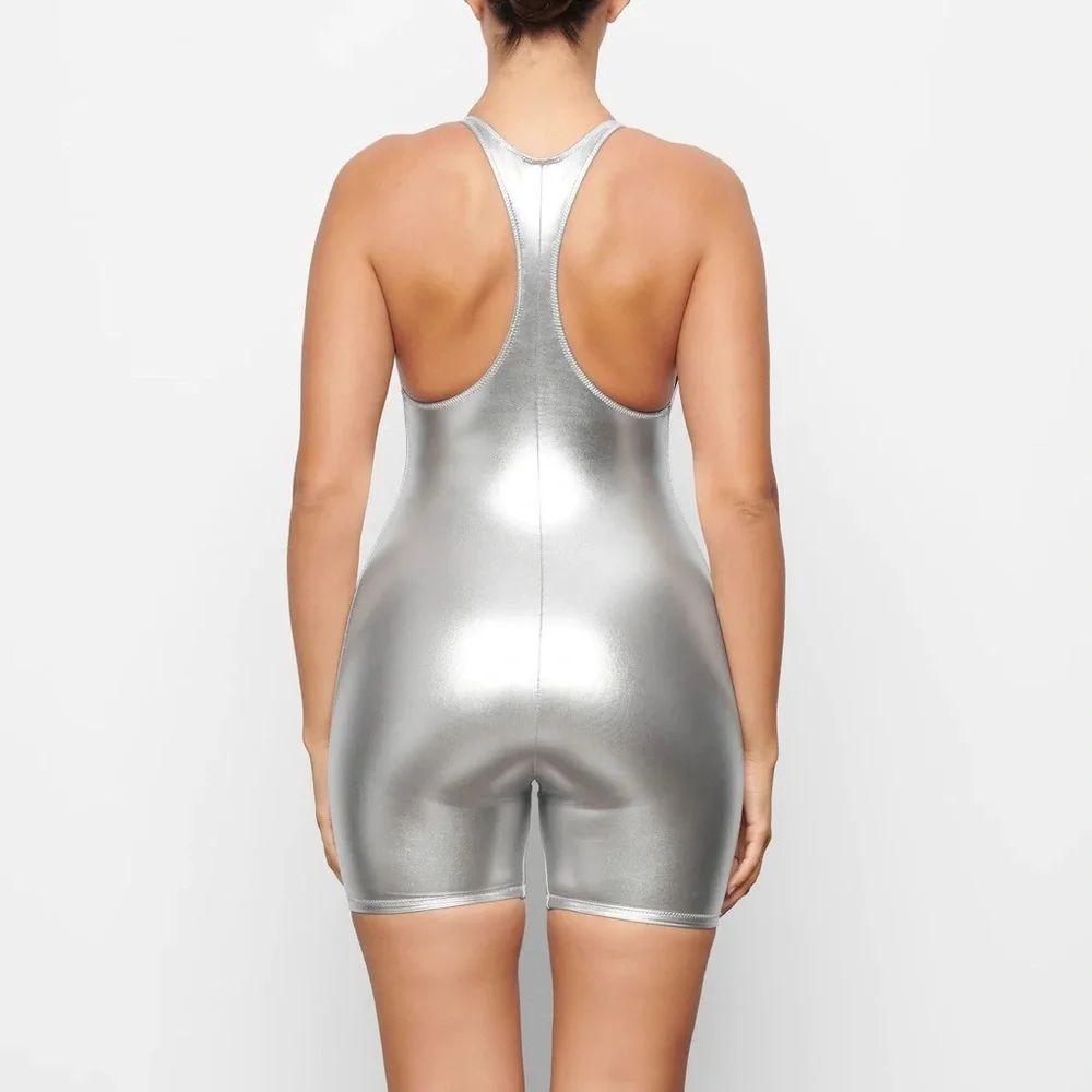 SKIMS Metallic Swim Cycle Suit in Nickel Sz M MSRP $128 NWT