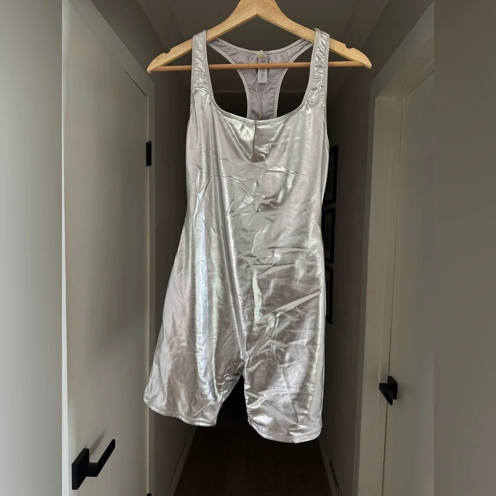 SKIMS Metallic Swim Cycle Suit in Nickel Sz M MSRP $128 NWT
