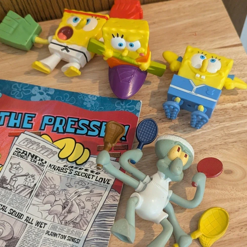 SpongeBob SquarePants Toy Lot -Figures Squidward Mr Krabs Book and Cards Bundle